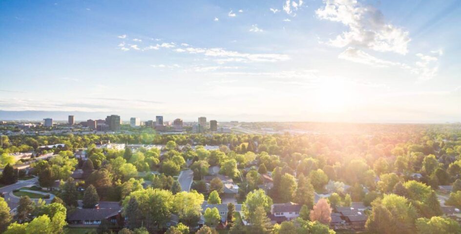 Overlooking residential neighborhood with sunny horizon