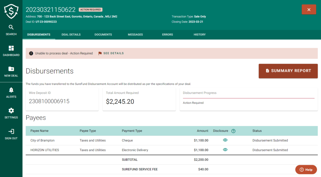 SureFund application Disbursements screen 